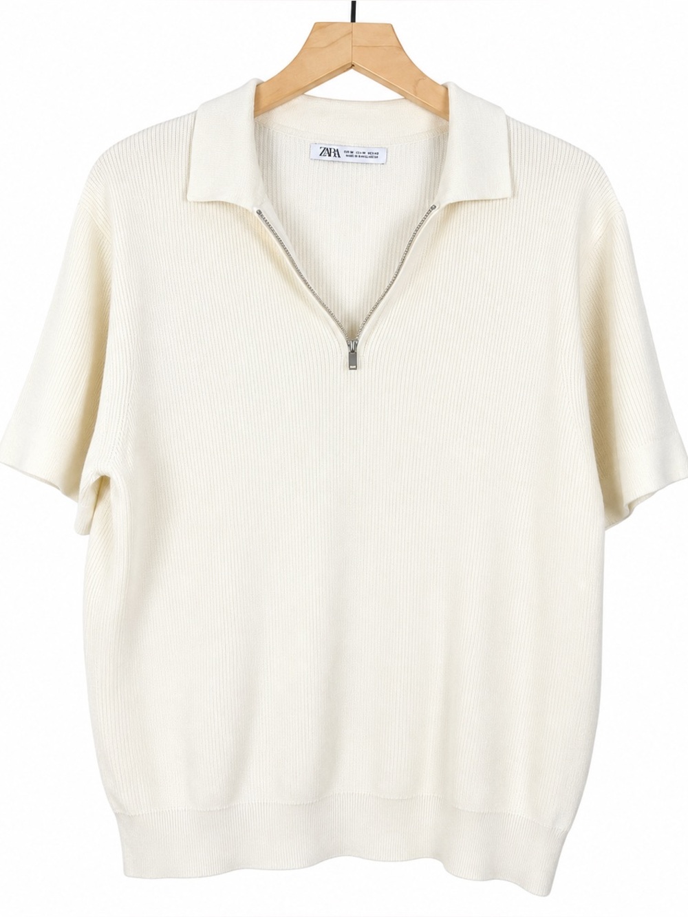 Zara Women’s Knit Polo Sweater Medium Cream 1/4 Zip Short Sleeve Cotton Ribbed